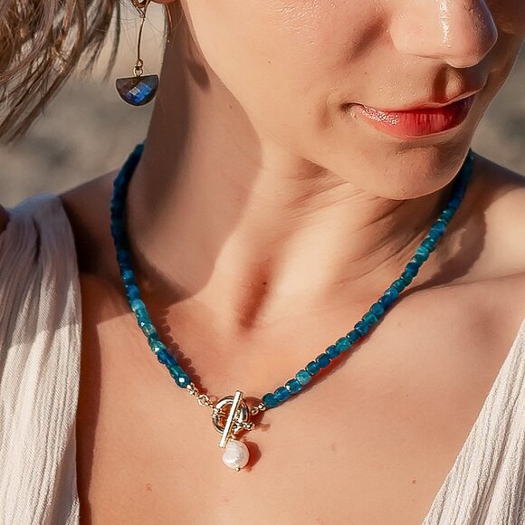 Blue Apatite Gemstone Necklace Gold Toggle Clasp Removable Baroque Pearl - Picture 16 of 16